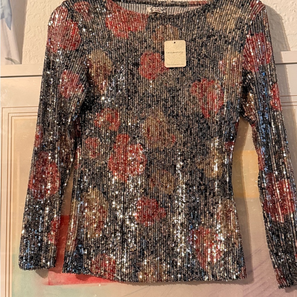 Sequin Floral Ribbed Long-Sleeve Top - Black, Red & Gold - Unbranded